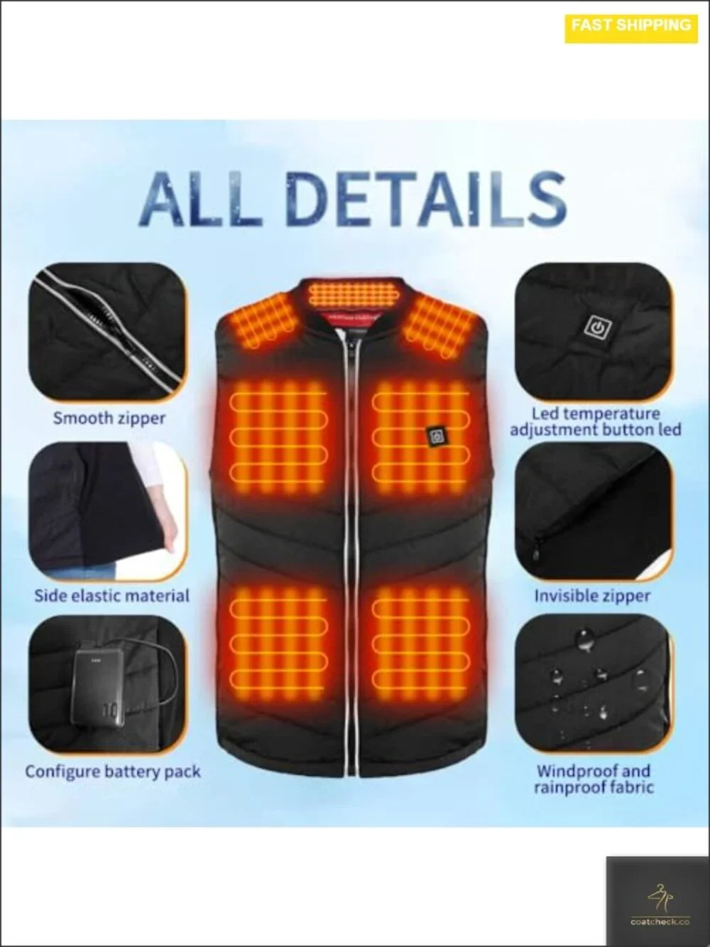 Heated Vest 9 Heating Zones USB Rechargeable Unisex Winter Gear